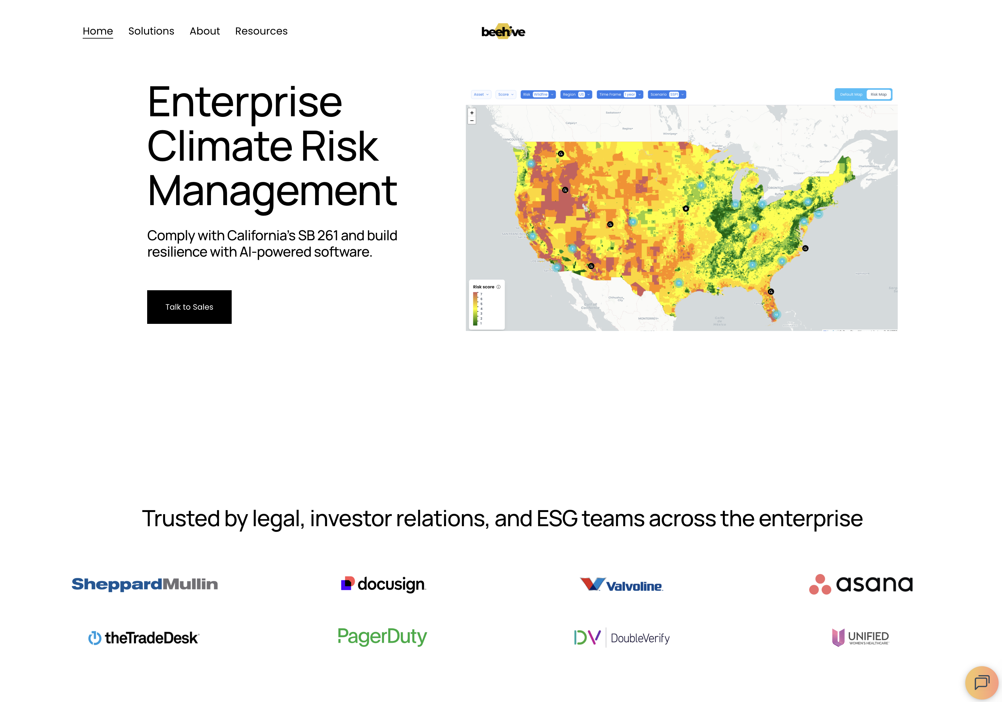 Beehive Climate website showing its enterprise climate risk map