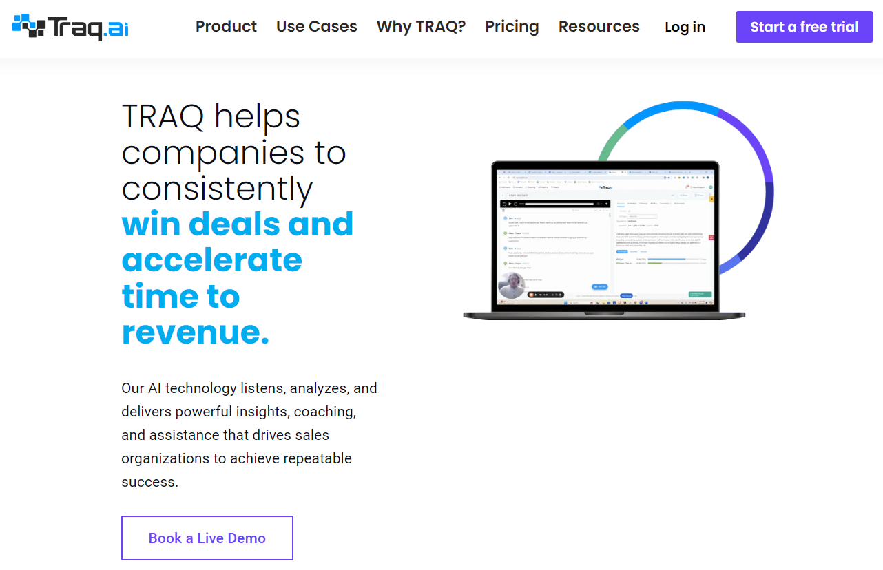 Traq.ai website homepage: TRAQ helps companies consistently win deals and accelerate time to revenue