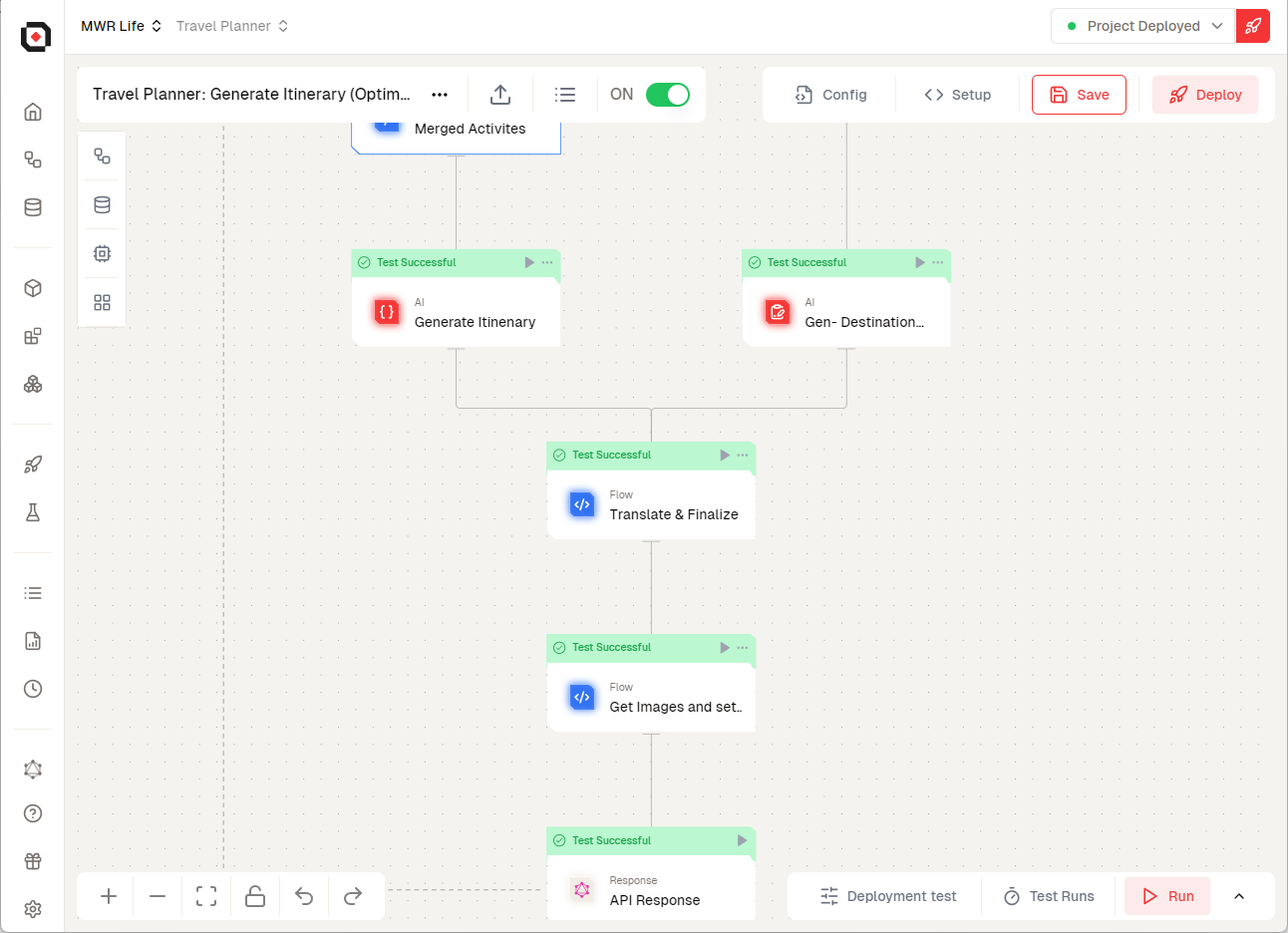 MWR Life travel planner itinerary workflow in the Lamatic visual builder